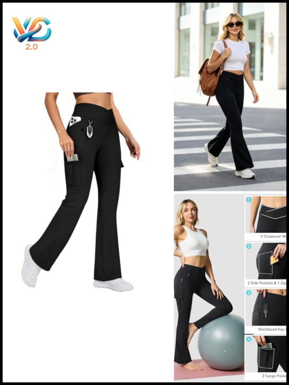 Women's Flare Crossover Yoga Leggings with 5 Pockets Cargo Workout Pants